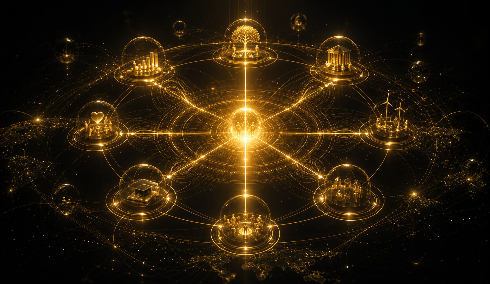 Golden social impact network representing purpose transformed into lasting impact