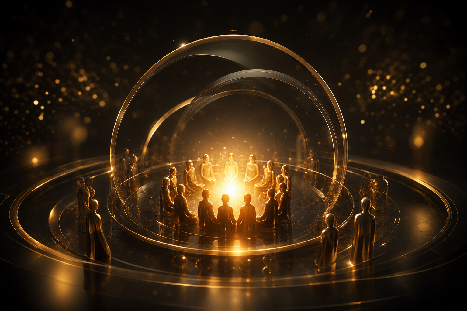 Golden abstract community gathered around warm light
